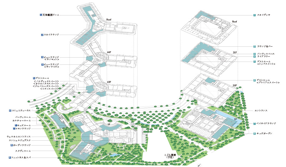 ベイズ タワー＆ガーデン、スカイズ タワー＆ガーデンの共用施設レイアウト概念図